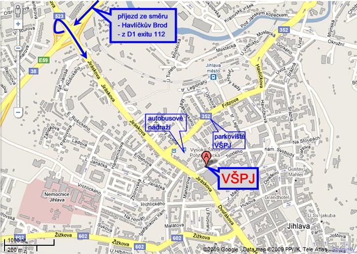 Mapa okolí VŠP Jihlava
